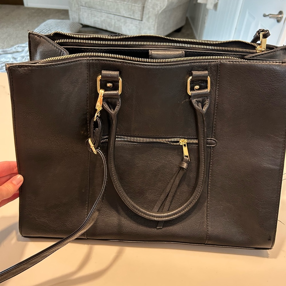 Black Leather Tote Bag with Gold Accents
